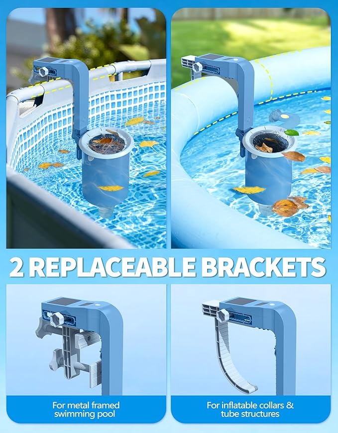 BluSwim [Patented] Above Ground Pool Skimmer with Solar Digital Thermometer | Wall Mount Surface Skimmer - Auto Skimming Pool Floating Debris | 2 Upgraded Bracket - Stable&Height Adjustable-Steel Blue