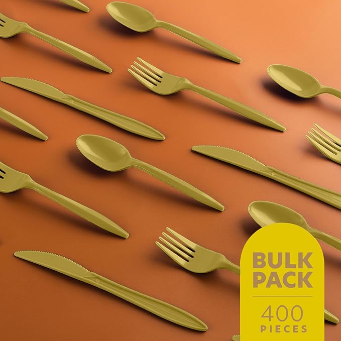 PLASTICPRO 400 Pack Disposable Plastic Utensils Assorted Colored Cutlery Combo Set Forks Spoons Knives Silverware, Gold Plastic Cutlery for Parties