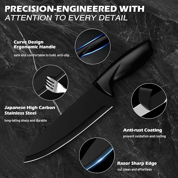 Knife Set, KroWallu 16 Pieces Knife Sets for Kitchen with Block, Dishwasher Safe Kitchen Knife Set with Built-in Sharpener, Japanese Stainless Steel Black Knife Block Set