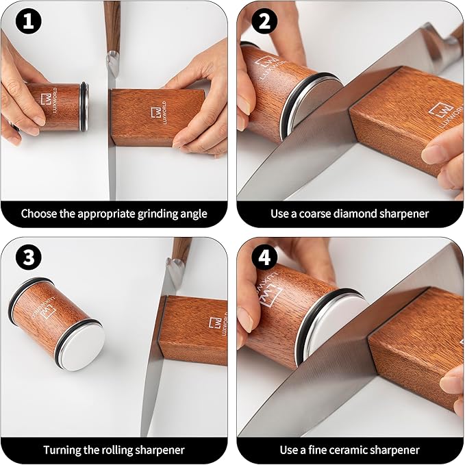 Premium Rolling Knife Sharpener – Diamond & Ceramic Disc Knife Sharpener for Kitchen & Pocket Knives – Manual Sharpening Tool with Magnetic Angle Base 15° & 20° – Professional Razor Edge Tool (Brown)
