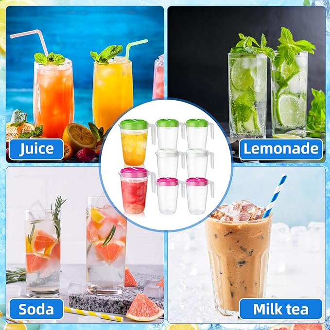 LemonRoad 6 Pcs 2 L Plastic Pitcher with Lid Water Iced Tea Pitchers Drink Container with Twist Cover Tea Jug for Fridge for Water Juice and Fridge Storage, Dishwasher and Freezer Safe(Mixed Color)
