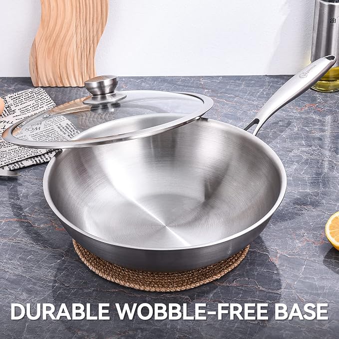 LOLYKITCH 12.5 Inch Tri-Ply Stainless Steel Wok Pan with Lid,Induction Stir-Fry Pan,Dishwasher and Oven Safe,Heavy Duty and Detachable Handle