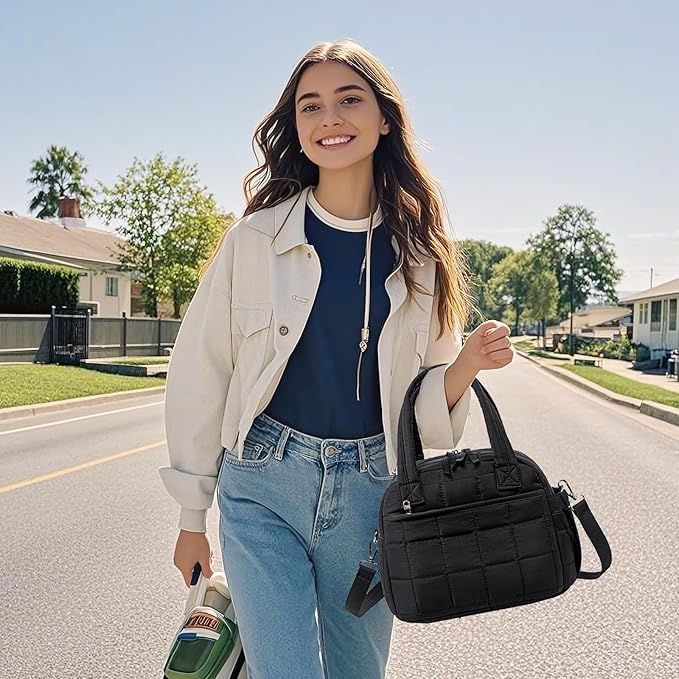 LEDAOU Lunch Box for Women Lunch bag Quilted Puffer Lunch Box with Adjustable Strap Insulated Reusable Lunch Tote for Work School Picnic Travel