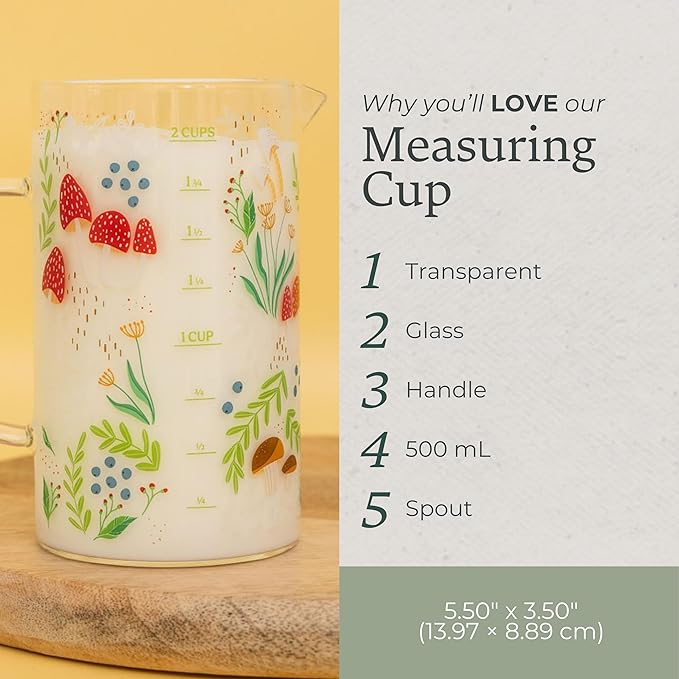 Steel Mill & Co Small Mushroom Measuring Cup for Liquid, 500 mL Glass Beaker, Cottagecore/Hippie/Fairycore Kitchen Accessories, Mushroom