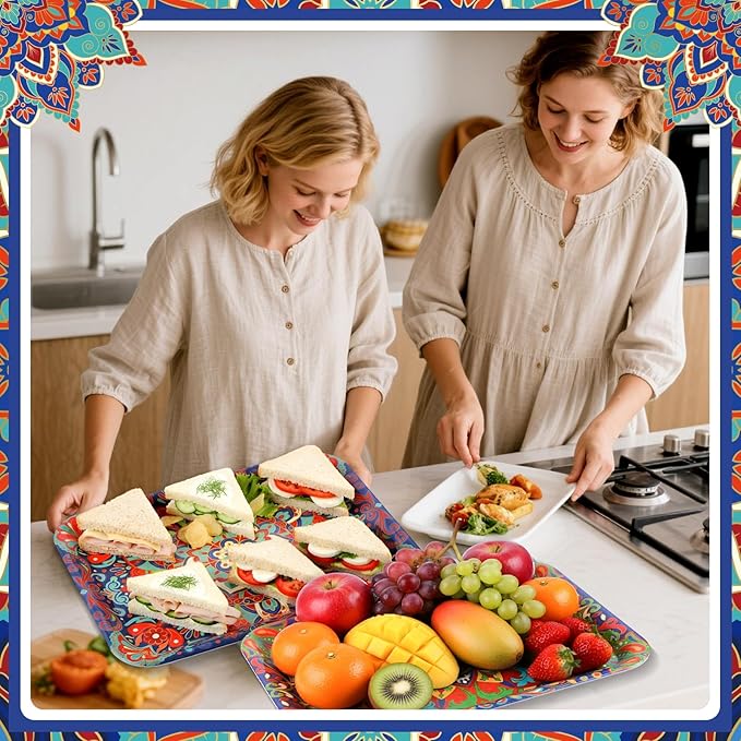 Vesici 4 Pack Mandala Melamine Serving Trays, 13 x 10 Inch Rectangular Decorative Platters with Colorful Bohemian Patterns, Durable Serving Plates for Snacks, Appetizers, Parties & Home Decoration