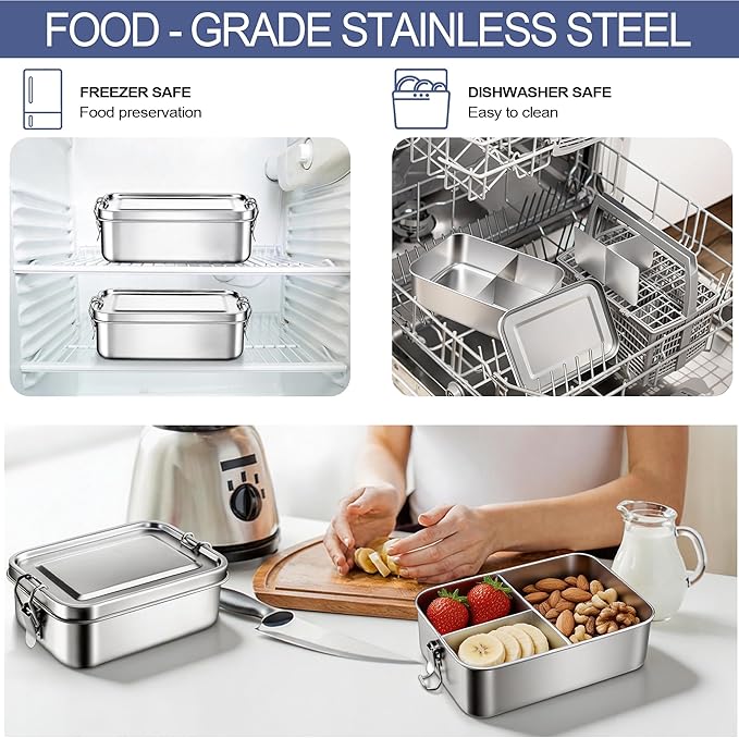 E-far Stainless Steel Bento Box, Large 2400ml Metal Lunch Box, 81oz Leak-Proof Lunch Food Container with Lids and Divider, Reusable Meal Storage for Camping Picnic Travel Work