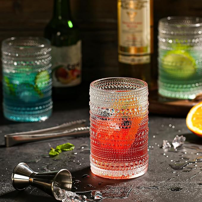 Hobnail Drinking Glasses set of 6（13 oz） Hobnail Water KItchen Glassware, Embossed Vintage Juice Glasses Tall Bar Drinkware