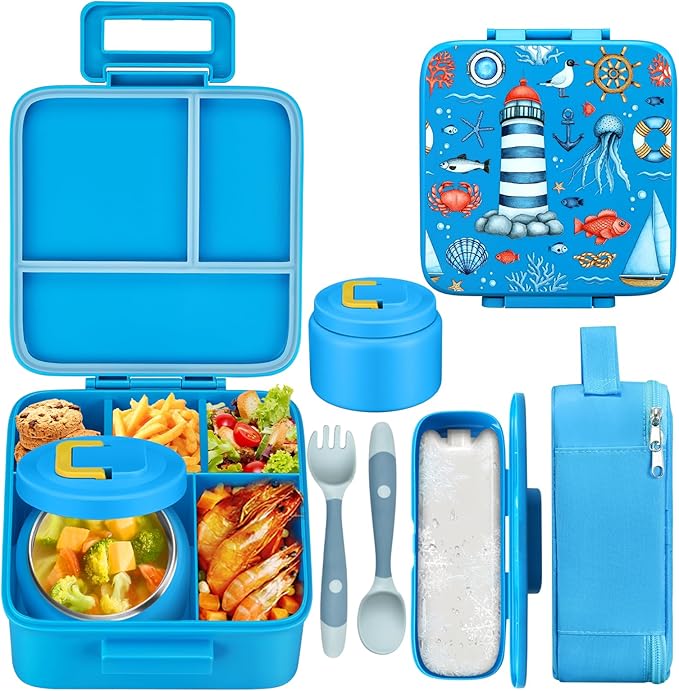 MAISON HUIS Bento Lunch Box with 8oz Soup Thermo, 5-Compartment Leak-Proof Container, Thermo Hot Food Jar and Insulated Lunch Bag, BPA Free,Travel, School