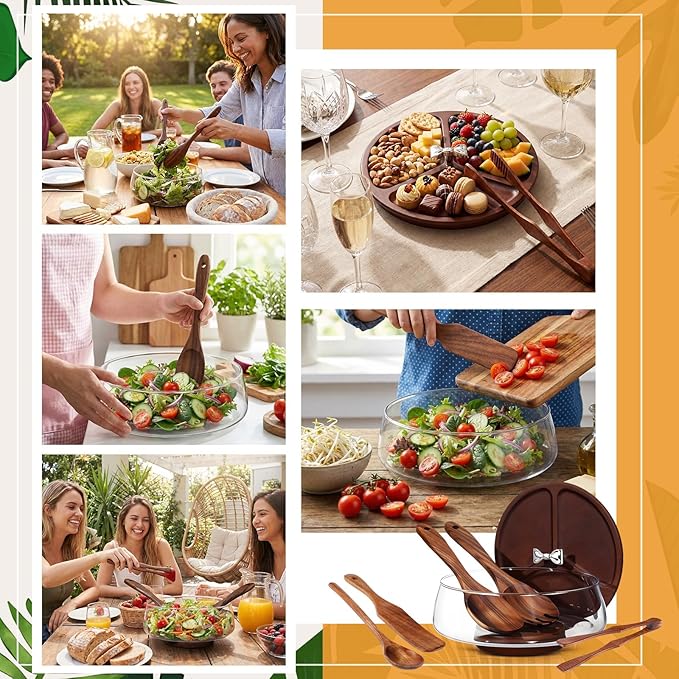 Hushee Large Glass Salad Bowl Set, Party Salad Bowl with Wood Base and Lid as Cheese Charcuterie Board and Plate, Comes with 5 Pieces of Elegant Wood Serving Utensils