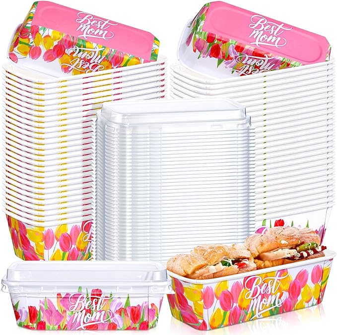 LemonRoad 100 Pcs Mother's Day Mini Loaf Pans with Lids 6.3 x 2.2 x 2.2 Inch Tulip Disposable Paper Baking Pan Bulk, Mothers Day Baking Party Supplies for Cake Bread Oven Bakery