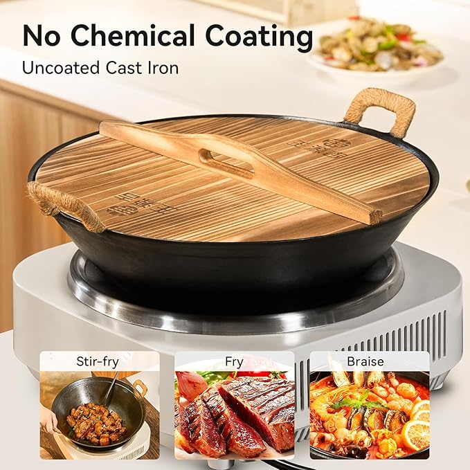 WANGYUANJI 14.2 Inch Cast Iron Wok with Wooden Lid and Iron Spatula, Flat Bottom Double-Handle Chinese Stir Fry Pan, Uncoated Cast Iron Wok for Induction, Gas and Electric Stoves