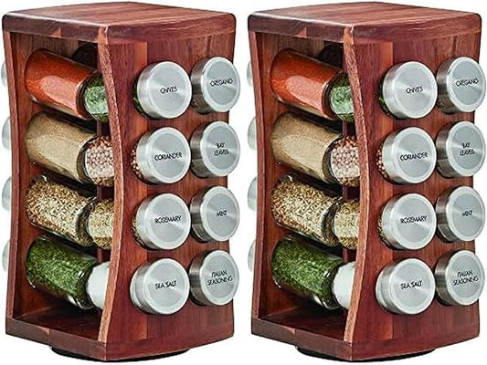 Kamenstein 16 Jar Hourglass Revolving Countertop Spice Rack with Spices Included, FREE Spice Refills for 5 years, Acacia with Stainless Steel Caps,Brown (Pack of 2)