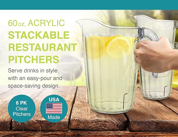 Arrow Home Products Clear Plastic Pitcher, 60 Ounce - 6 Pack Bulk Set for Bars and Restaurants - Space-Saving Stackable Design - Fill with Ice Water, Beer - Made in the USA, BPA Free, Dishwasher Safe