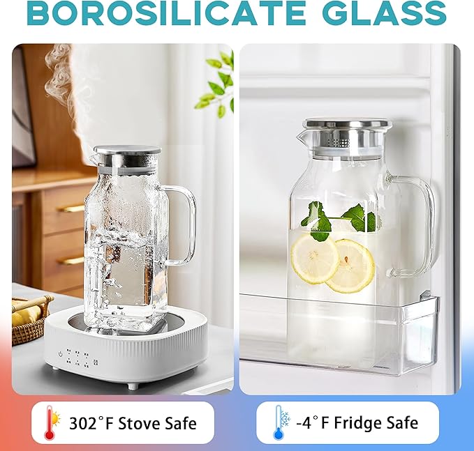 40.5 oz Square Glass Pitcher with Lid and Spout, Lightweight Water Pitchers for Hot/Cold Drink, Heat Resistant, Borosilicate Jugs, Glass Carafe with Handle,Ideal for Fridge Storage(1Pack)