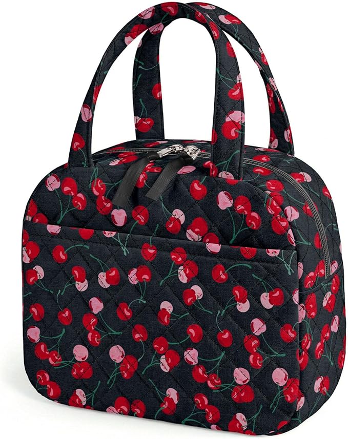 Quilted Lunch Box for Women,Coquette Aesthetic Lunch Box for Teen Girls,Cute Cherry Lunch Bags for Work, School,Office,Picnic,Travel (Blue Cherry)