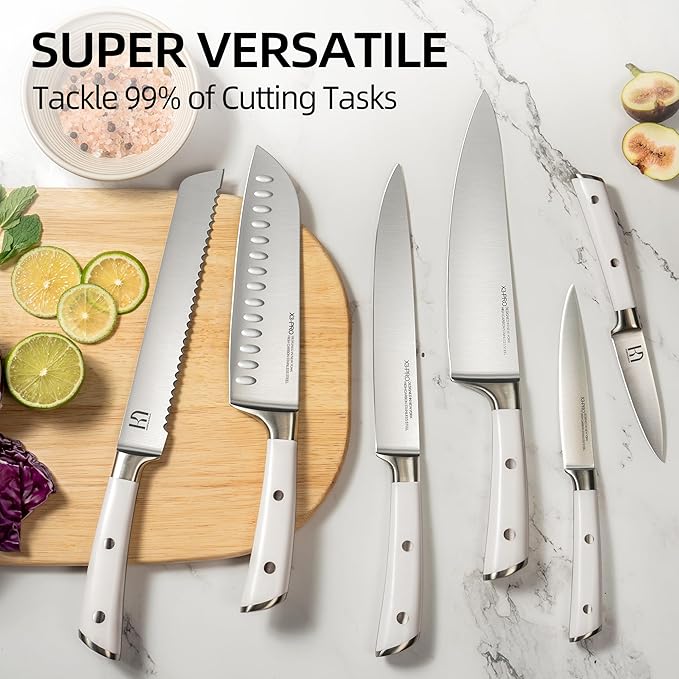 Kitchen Knife Set Premium, Japanese High Carbon Stainless Steel 15 Pcs Enduring Ultra Sharp Knife Block Set with Sharpener and Wood Block, Professional White Chef Knives set for Kitchen