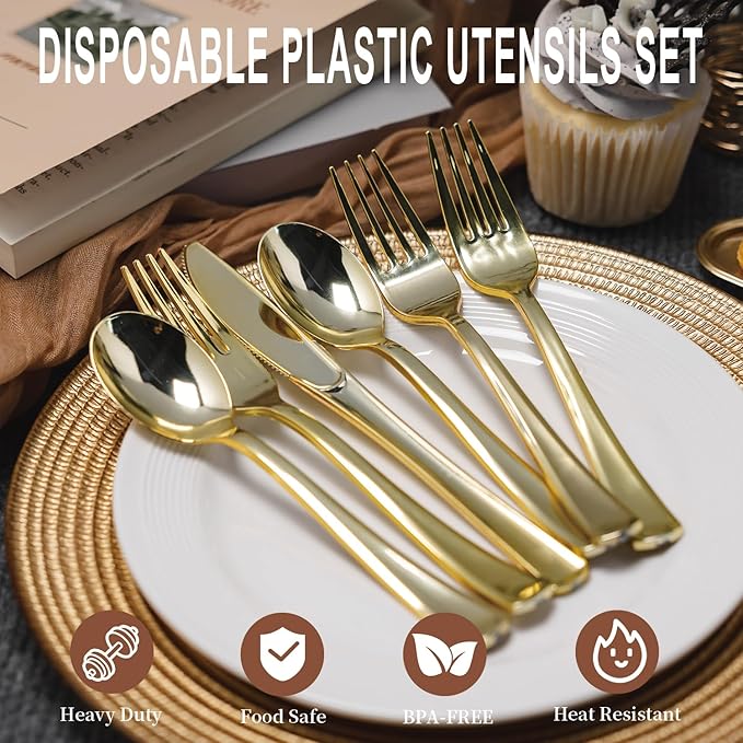N9R 200PCS Gold Plastic Silverware, Heavy Duty Disposable Cutlery Set for Parties, gold forks and spoons disposable Includes 100 Spoons and 100 Forks for Wedding, Birthday, Dinner