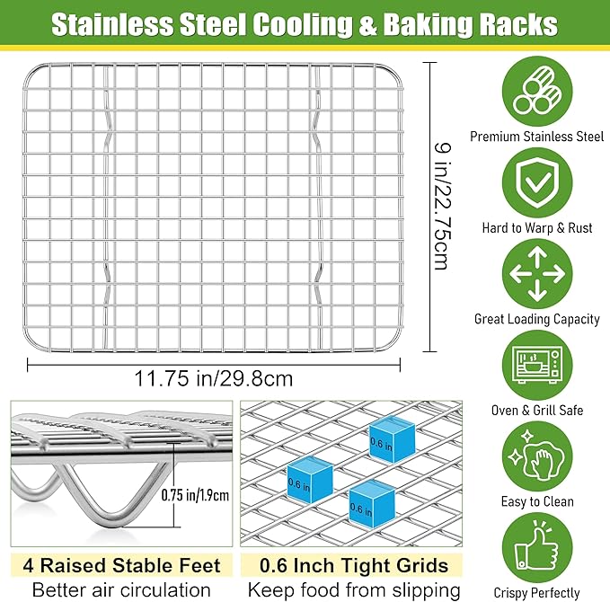 Homikit 4 Pack Cooling Rack Set, 12" x 9" Stainless Steel Baking Rack for Bacon Bread Pizza, Metal Wire Oven Racks for Cooking Roasting Fit Quarter Sheet Pan, Rust Free & Dishwasher Safe