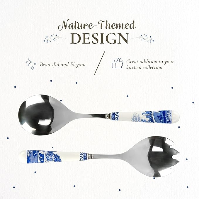Spode Blue Italian Collection Salad Servers | 2 Piece Spoon and Fork Set | 10 Inch | Blue and White | Made of Porcelain and Stainless Steel | Italian Countryside Design