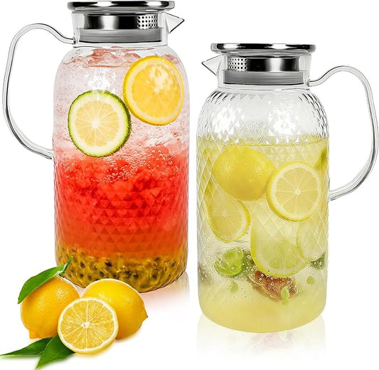 2 Pack Plastic Pitcher with Lid and Handle, 60 oz Clear Water Jug, BPA-Free Ice Tea Pitchers for Lemonade, Milk, Juice, Home, Office