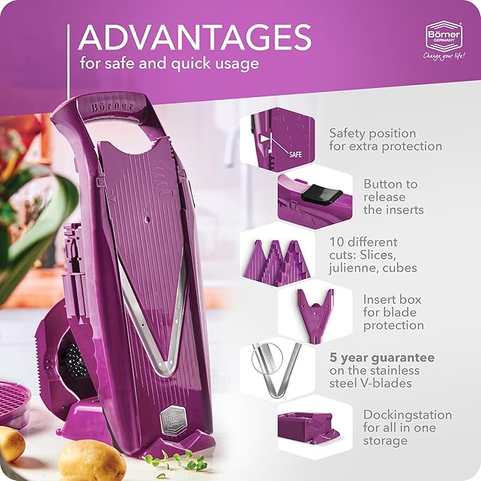 Mandoline Food Slicer Börner V5 (Profi Set) by Reston Lloyd • V-Slicer with 4 Inserts, Docking Station & Food Holder • Made in Germany • Fruit & Vegetable Chopper • Multiple Settings • Color: Purple