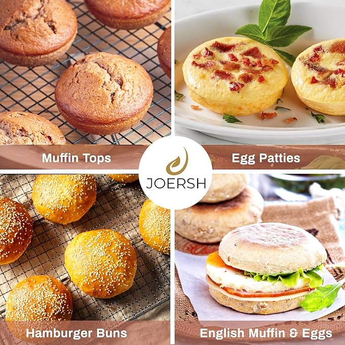 JOERSH 3-PK Silicone Egg Mold Non-Stick 4 Inch Jumbo Size Muffin Top Pan, Large Round Silicone Molds for Baking Hamburger Bun, Egg Bites, Breakfast Sandwiches, Pancakes