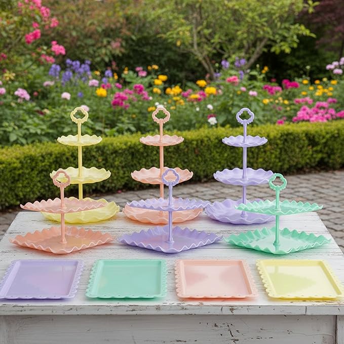 Pack of 10 NWK Cake Stand Set, with 3 x Two-Tier and 3 x Three-Tier Cupcake Stands, 4 x Appetizer Trays, 1 x Tablecloth for Birthday Bridal Baby Shower Party (Colorful)