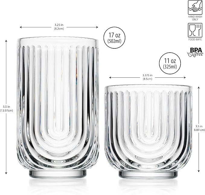 Glaver's 8-Piece Drinking Glass Set, Art Deco Ribbed Arch Glassware, Clear U-Shape Design, 17oz Highball and 11oz DOF Glasses Kitchen Glasses