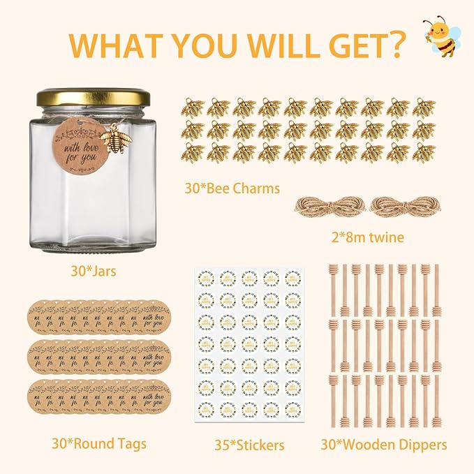 6 oz Honey Jars with Dipper, 30 Pack Hexagon Honey Jar for Baby Shower, Empty Glass Jars for Wedding Favors and Party Favors