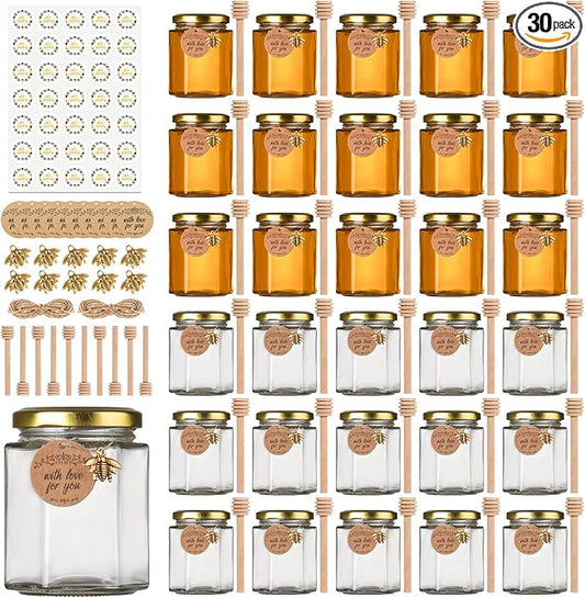 6 oz Honey Jars with Dipper, 30 Pack Hexagon Honey Jar for Baby Shower, Empty Glass Jars for Wedding Favors and Party Favors