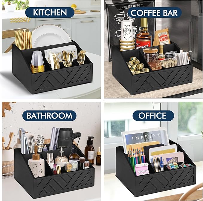 Paper Plate Dispenser, Paper Plate Holder for Kitchen Counter, Wood Rustic Silverware Utensil Caddy, Cutlery Flatware Organizer Box for Cups Spoons Forks Plates Napkins, Kitchen Accessories