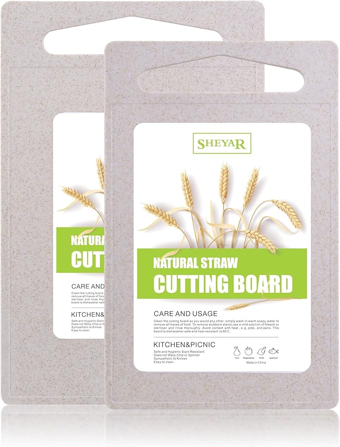 2PCS Cutting Board for Kitchen, Wheat Straw Fiber Cutting Board, Dish Washer Safe, w/Juice Grooves for Meat, Veggies, Easy Grip Handle, Non-slip Surface, Eco-friendly（XS+M）