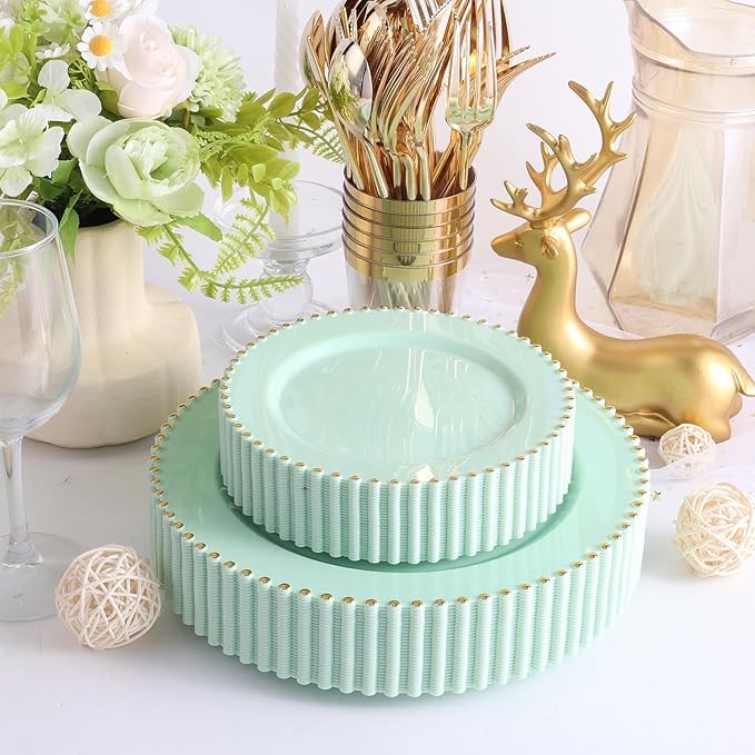 EI 60pcs Green Plastic Plates with Gold Rim,Disposable Heavy Duty Sage Green and Gold 10" Dinner & 7" Dessert Plastic Plate for Birthday,Afternoon Tea,Wedding,Spring,Valentine's Day,Easter