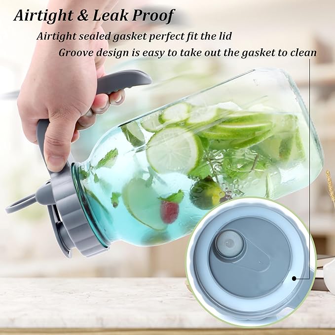 Mason Jar Pitcher 32 OZ Glass Pitcher With Pour Spout Lids Airtight Leak Proof 1 Quart Wide Mouth Water Pitcher With Handle And Flip Cap For Iced Tea, Milk, Sun Tea, Lemonade,Juice, Iced Coffee