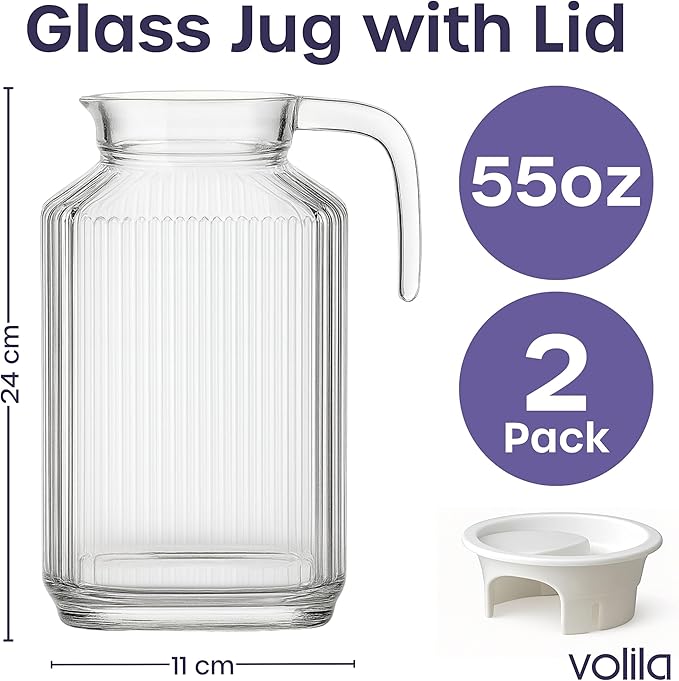 Glass Pitcher with Lid – 2 Pack 55 oz Glass Water Pitcher, Iced Tea Pitcher with Handle, Ribbed Juice Container for Fridge, Glass Beverage Container for Lemonade, Milk, Drinks