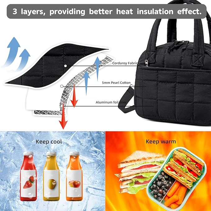 LEDAOU Lunch Box for Women Lunch bag Quilted Puffer Lunch Box with Adjustable Strap Insulated Reusable Lunch Tote for Work School Picnic Travel