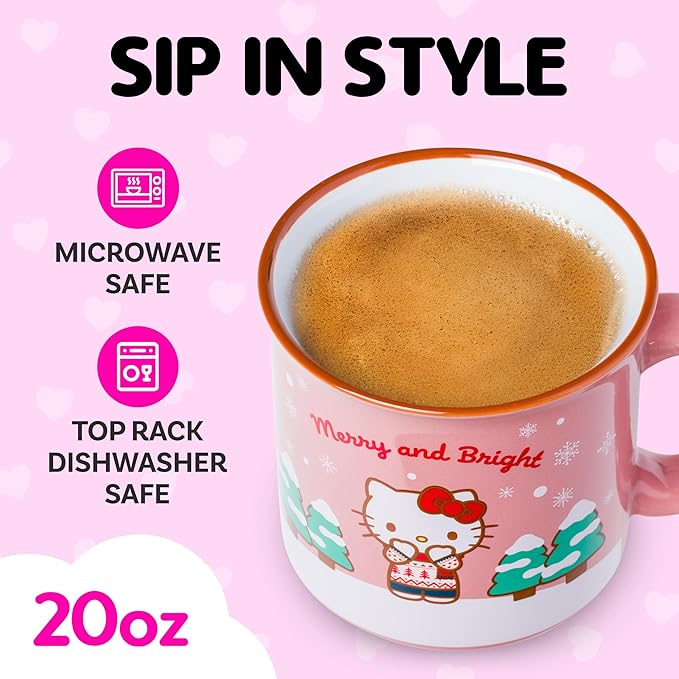 Silver Buffalo Sanrio Hello Kitty Holiday Christmas Merry and Bright Ceramic Camper Mug, 20 Ounces