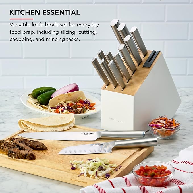 KitchenAid Slim Two-Tone Knife Block Set with Built-In Knife Sharpener, High Carbon Stainless Steel Kitchen Knives, Sharp Kitchen Knife Set with Block, 14-Piece, White