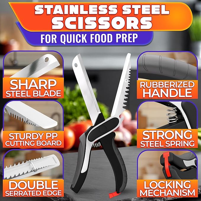 6-in-1 Cutting Board Scissors – Heavy Duty & Dishwasher-Safe Kitchen Shears with Ribbed No-Slip Blade, Spring-Assist, & Safety Lock – Meat, Fruits, Fish & Vegetable Scissors Food Cutter | Fish Scaler