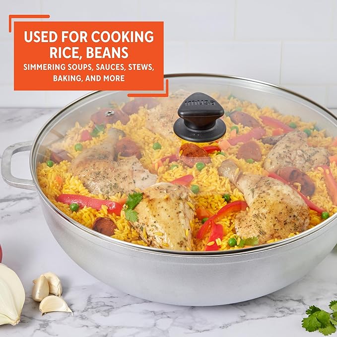 IMUSA Caldero Stock Pot with Glass Lid 11QT, 36cm, Cast Aluminum, Perfect for Serving Big & Medium Groups, Riveted Handles, Made in Colombia, Silver
