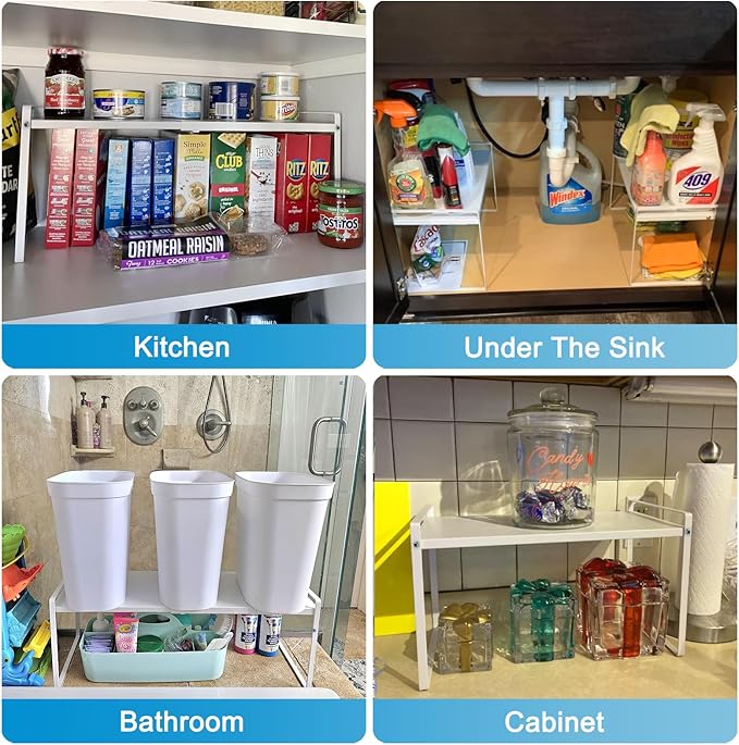 Expandable Cabinet Countertop Shelves, 9" Deep Cabinet Shelf Organizer Riser for Kitchen Pantry Cupboard Under Sink Countertop Organization Storage, Adjustable Metal Organizer Shelf with Nonslip Legs