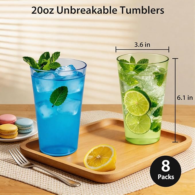 Freshmage 8 Pack Plastic Reusable Drinking Glasses, 20oz Colorful Drinking Cups, BPA-Free, Shatter-Proof, Dishwasher & Microwave Safe, Stackable Tumblers for Home, Outdoor, Party, Picnic, Pool