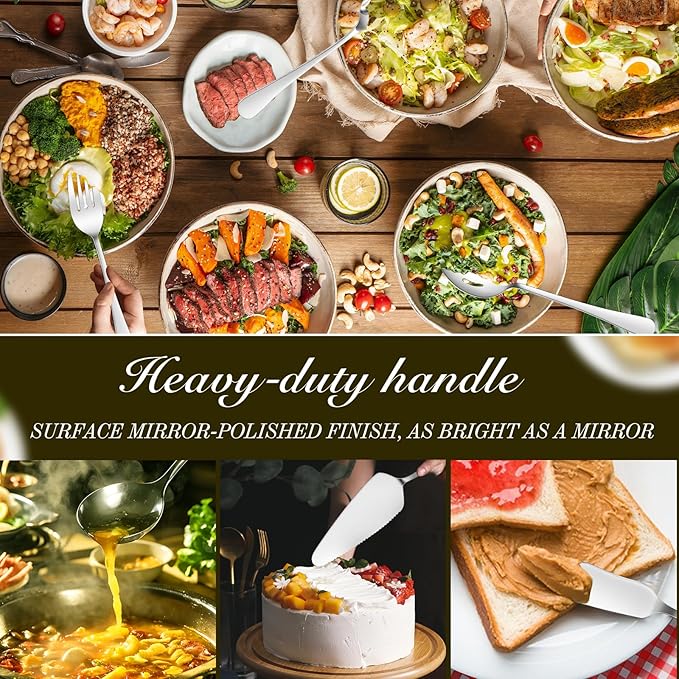 Mwellewm 17Pcs Serving Utensils, Silver Stainless Steel Large Serving Spoons, Slotted Spoon, Fork, Tongs, Cake Pie Server, Soup Spoon Metal Buffet Banquet Cutlery Set for Parties Entertaining Catering