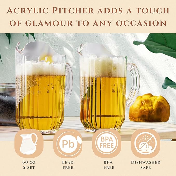 2-Pack Unbreakable Plastic Beer Pitcher, 60 oz, Restaurant-Grade Polycarbonate, Clear Beverage Dispenser with Pour Spout, Dishwasher-Safe, Ideal for Beer, Sangria, Lemonade Iced Tea Outdoor or Indoor
