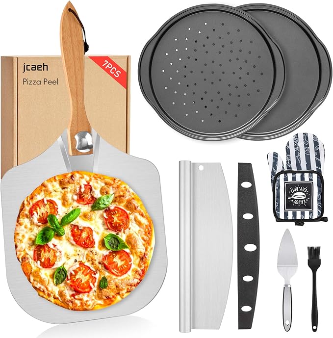 Pizza Peel Pizza Pan Set, 7Pcs Pizza Oven Accessories, 12 Inch Metal Paddle (12"x 14") with Foldable Wooden Handle, 2 Pizza Pans, Rocker Cutter, Pizza Server, Oven Mitts, Oil Brush