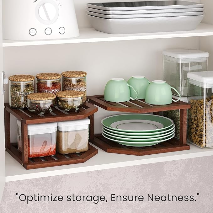 Bamboo Corner Shelf,2 Tier Plate Organizer for Cabinet and Countertop,Pantry Dish and Spice Rack for Kitchen（Brown）