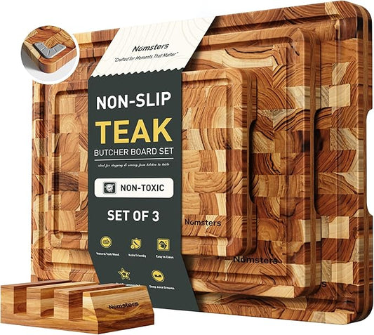 Teak Wood End Grain Cutting Board Set of 3 with Non-slip Feet, Reversible Cutting Boards for Kitchen with Juice Grooves and Handles Non Toxic Chopping Board Butcher Block Serving Tray Kitchen Sets