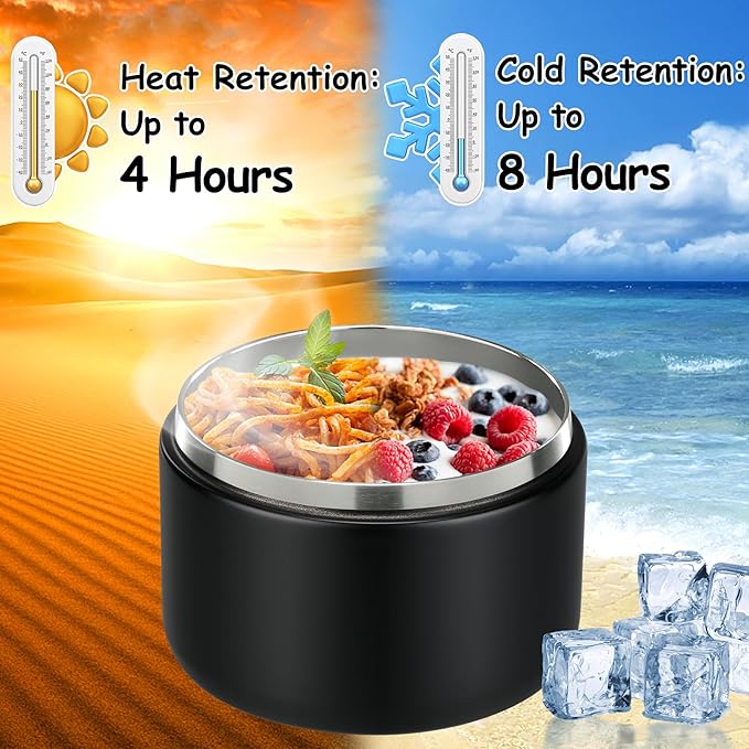 12oz Insulated Vacuum Food Jar with Buckle Lid Wide Mouth Soup Thermo for Hot Food Kids Leakproof Stainless Steel Lunch Container- Black- 1Pack