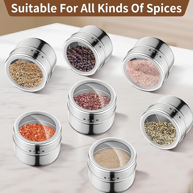 12pcs Stainless Steel Spice Jars, Magnetic Condiment Tins Magnetic Spice Jar With Clear Lid And Holes Sift&Pour - Easy To Clean
