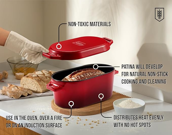 KooK Enameled Cast Iron Dutch Oven for Sourdough Bread Baking - 3.4 Qt Pot with Lid for Even Heat Distribution - Includes Silicon Bread Sling and Recipe Book for Home Bakers